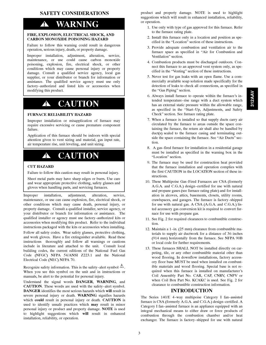 Bryant 312AAV/JAV instruction manual Safety Considerations, Introduction, Furnace Reliability Hazard, CUT Hazard 