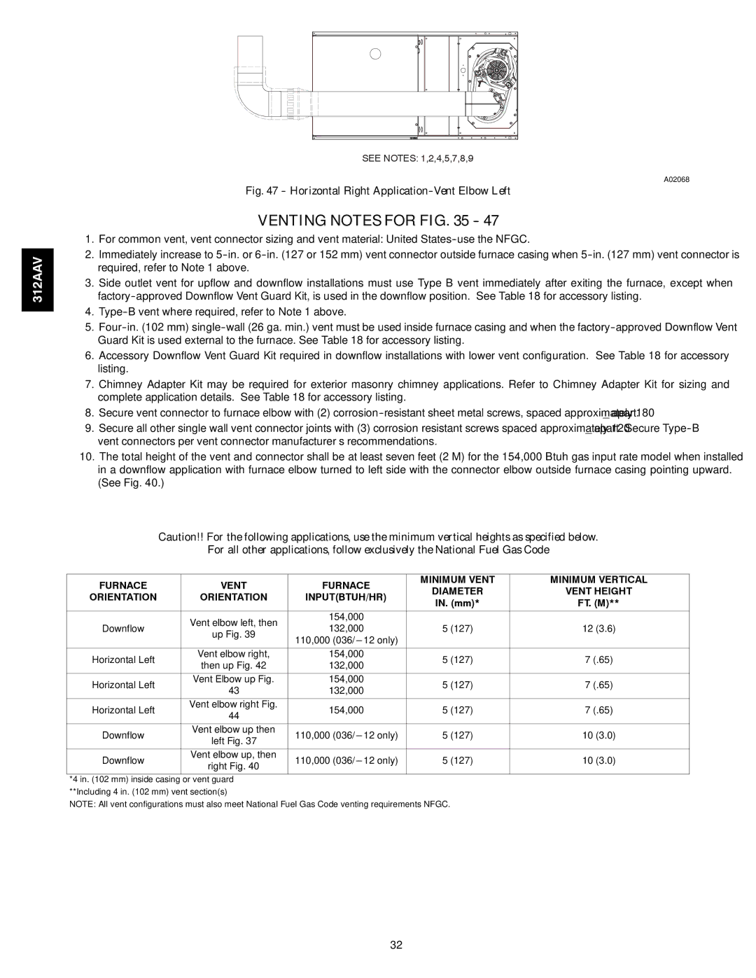 Bryant 312AAV/JAV instruction manual Venting Notes for, Furnace Vent, Diameter Vent Height Orientation INPUTBTUH/HR 