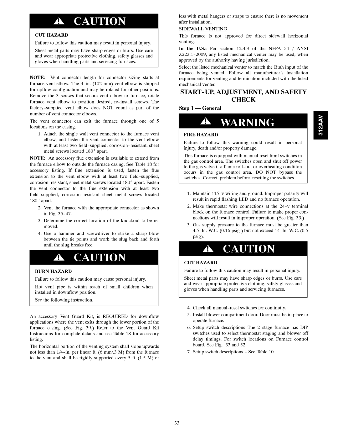 Bryant 312AAV/JAV instruction manual START-UP, ADJUSTMENT, and Safety Check, General, Burn Hazard 