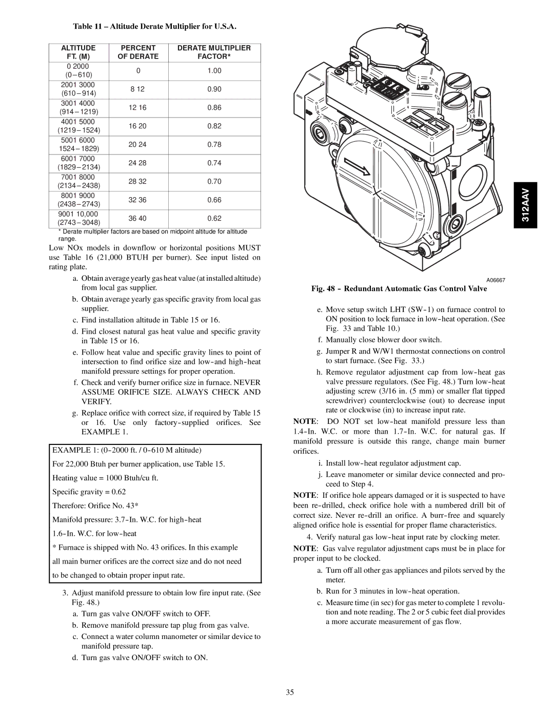 Bryant 312AAV/JAV instruction manual Altitude Derate Multiplier for U.S.A, Redundant Automatic Gas Control Valve 