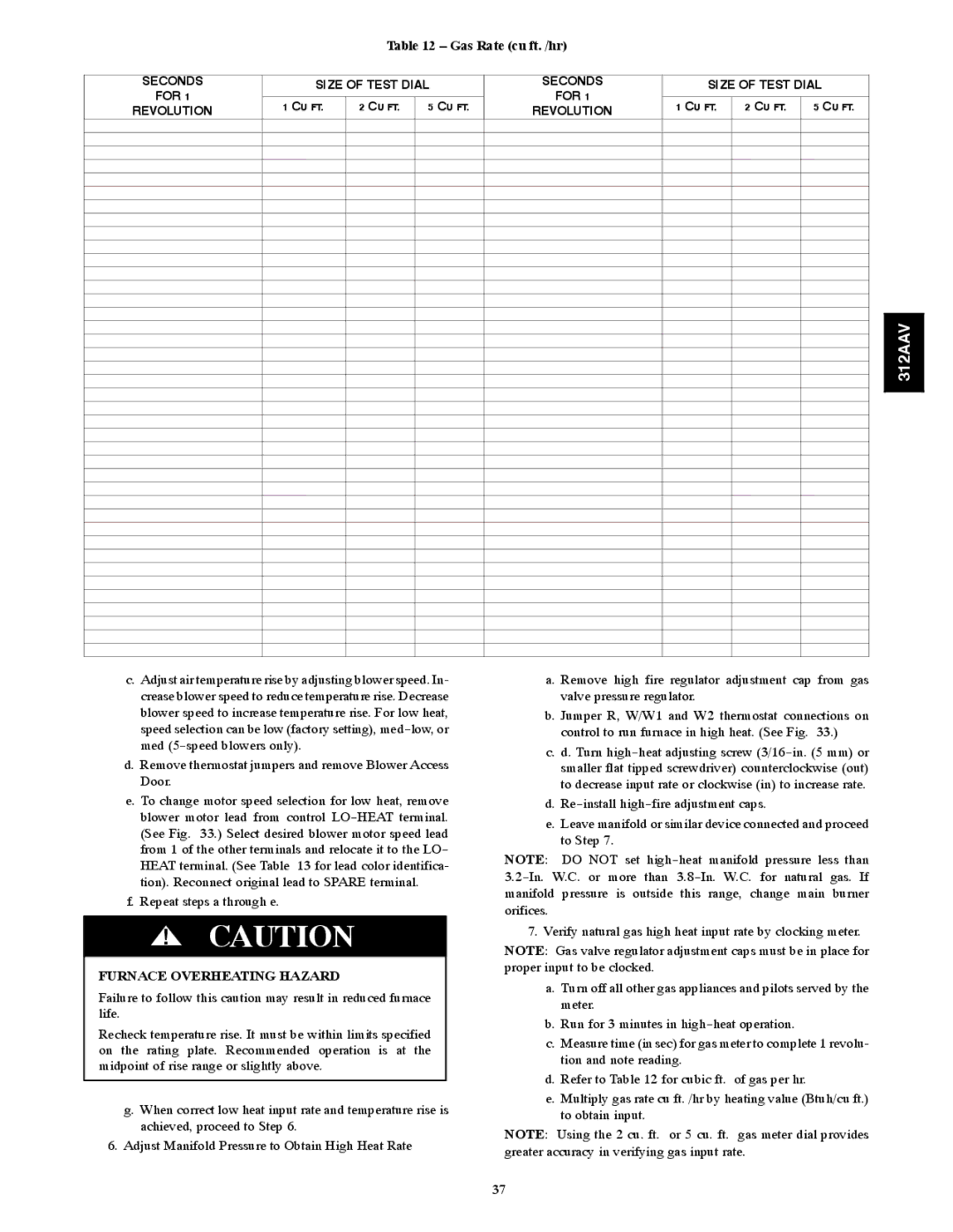 Bryant 312AAV/JAV Gas Rate cu ft. /hr, Furnace Overheating Hazard, Seconds Size of Test Dial For Revolution 