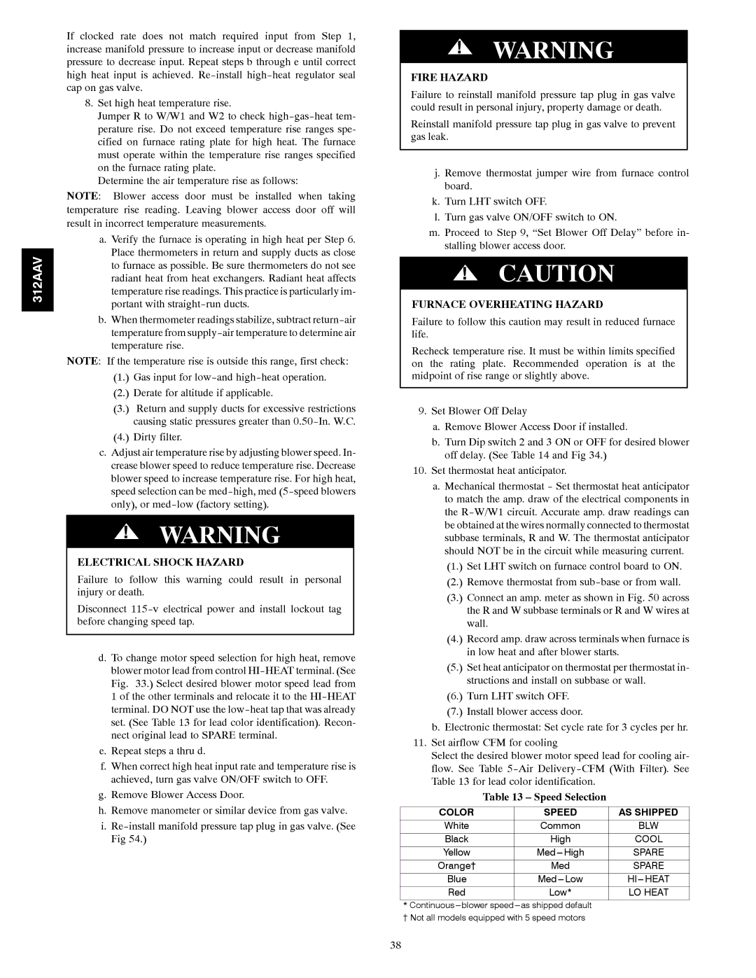 Bryant 312AAV/JAV instruction manual Speed Selection, Color Speed AS Shipped 