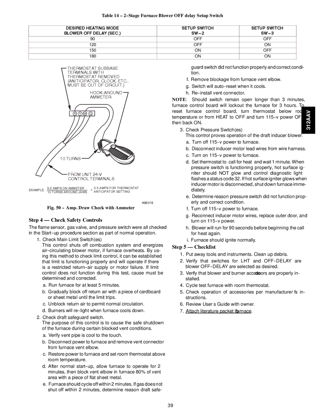 Bryant 312AAV/JAV instruction manual Check Safety Controls, Checklist, Stage Furnace Blower OFF delay Setup Switch 