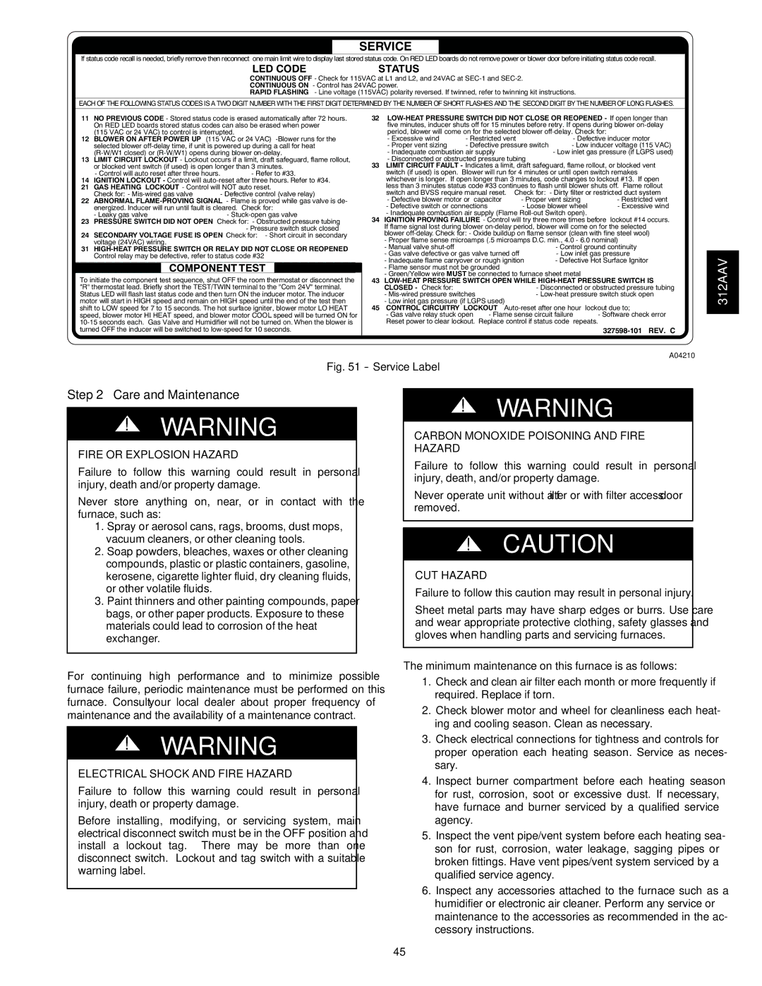 Bryant 312AAV/JAV instruction manual Care and Maintenance, Carbon Monoxide Poisoning and Fire Hazard 