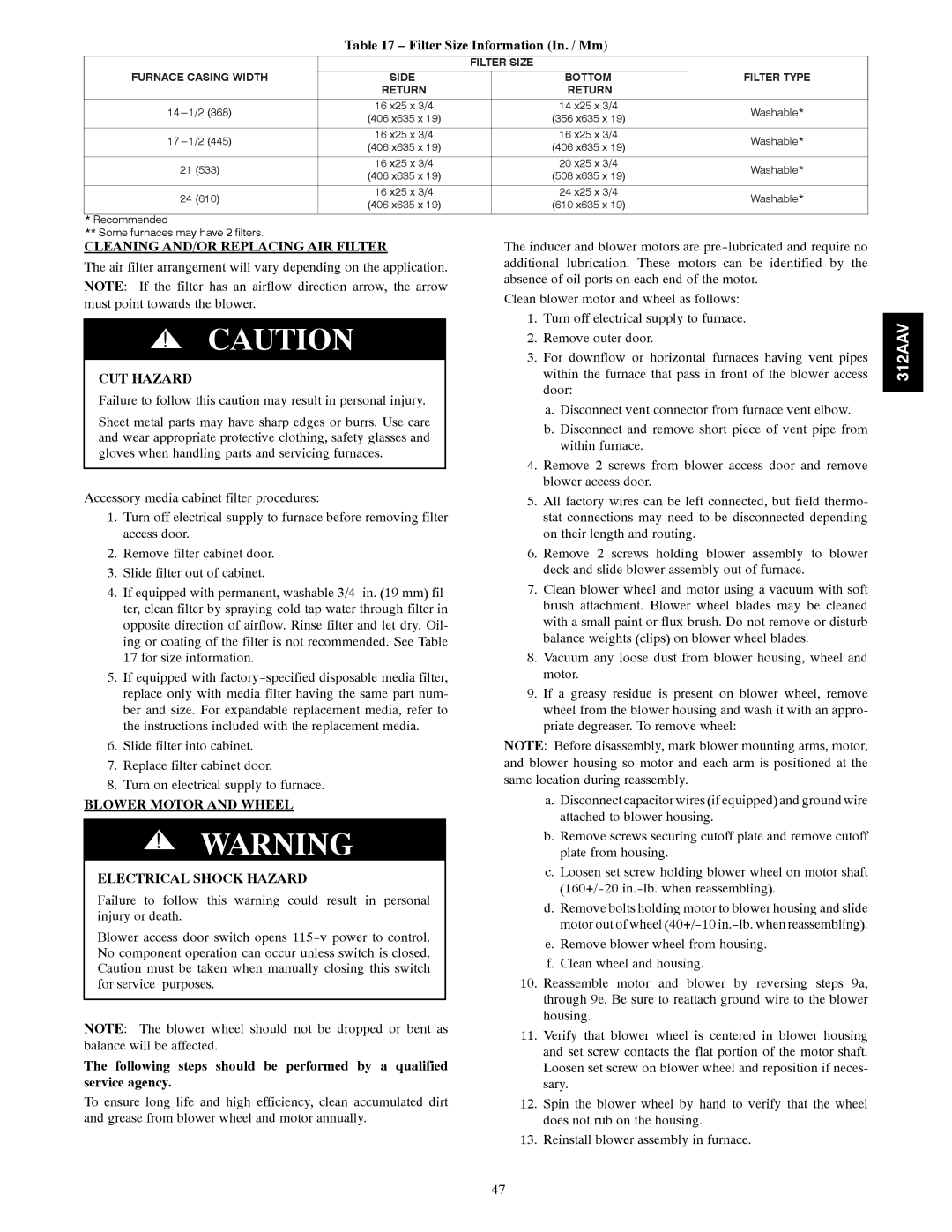 Bryant 312AAV/JAV instruction manual Filter Size Information In. / Mm, Cleaning AND/OR Replacing AIR Filter 