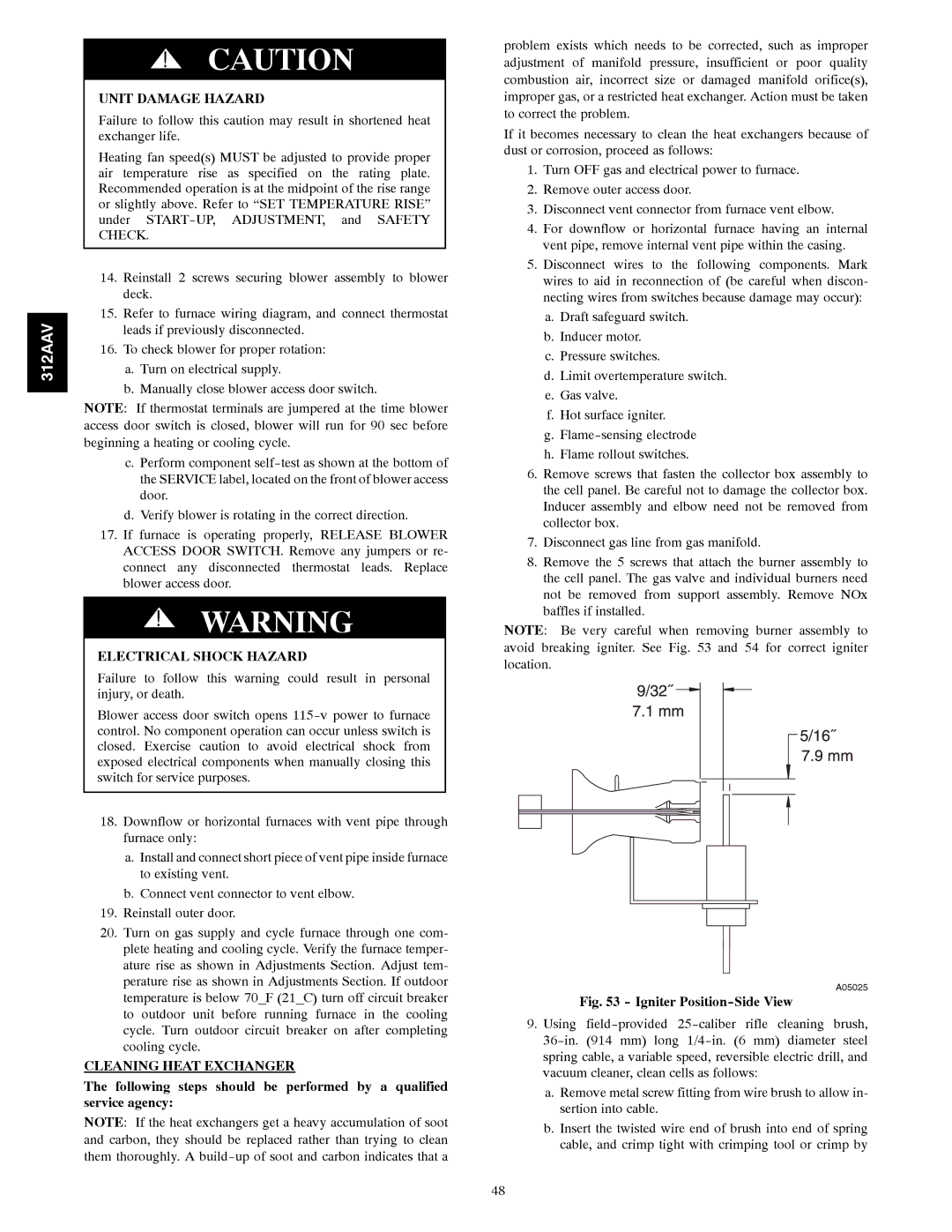 Bryant 312AAV/JAV instruction manual Cleaning Heat Exchanger, Igniter Position-Side View 