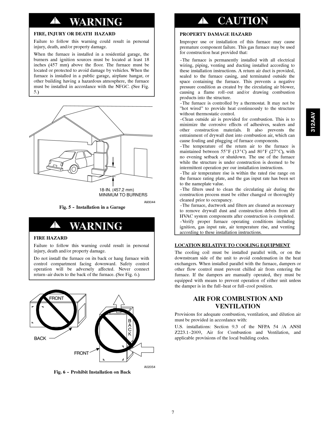 Bryant 312AAV/JAV AIR for Combustion Ventilation, FIRE, Injury or Death Hazard, Fire Hazard, Property Damage Hazard 