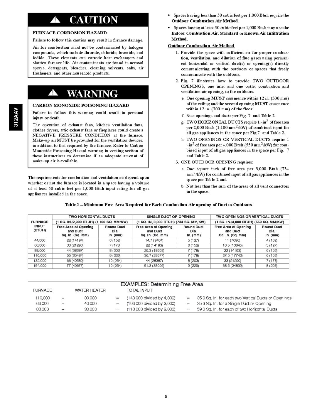 Bryant 312AAV/JAV Furnace Corrosion Hazard, Carbon Monoxide Poisoning Hazard, Outdoor Combustion Air Method 