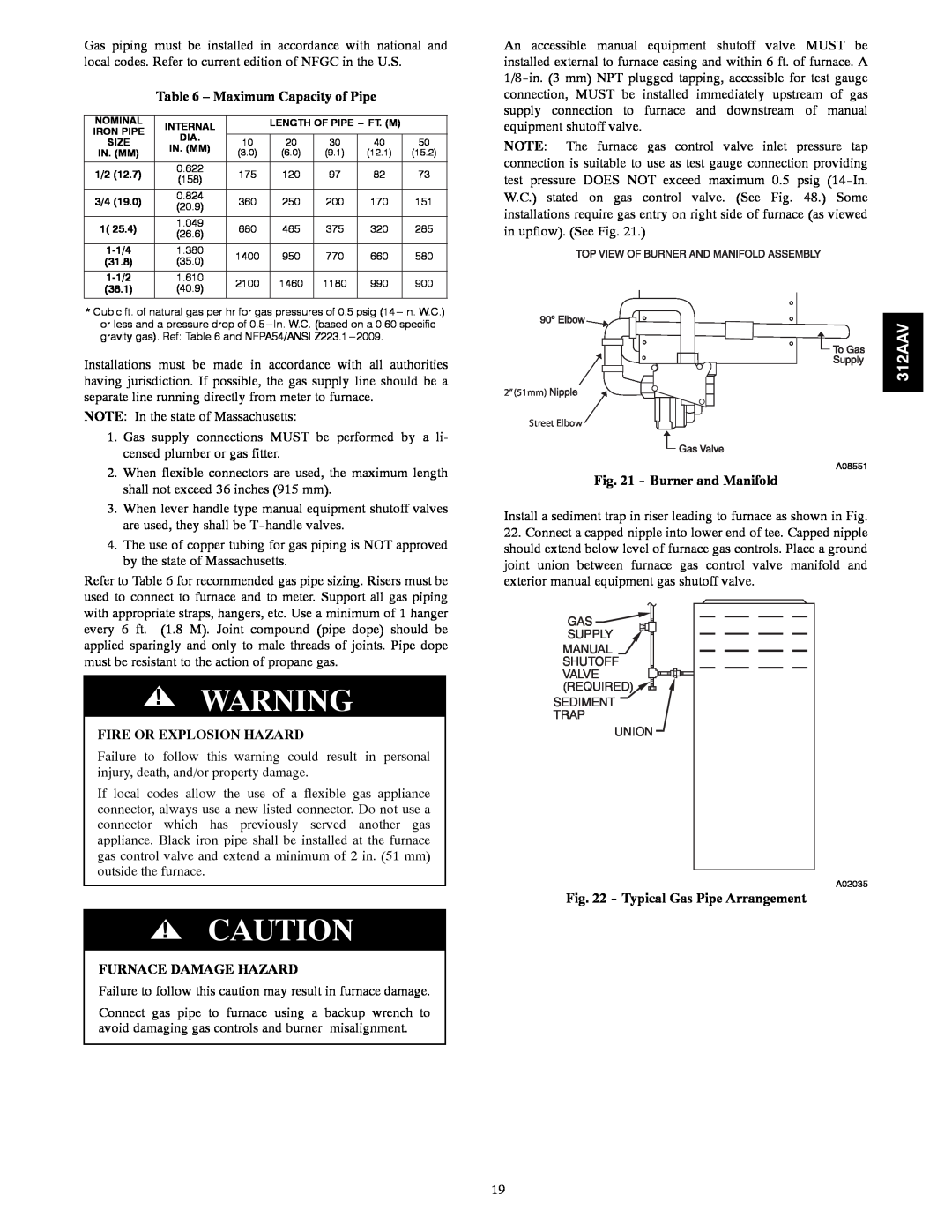 Bryant 312AAV/JAV Maximum Capacity of Pipe, Furnace Damage Hazard, Burner and Manifold, Typical Gas Pipe Arrangement 