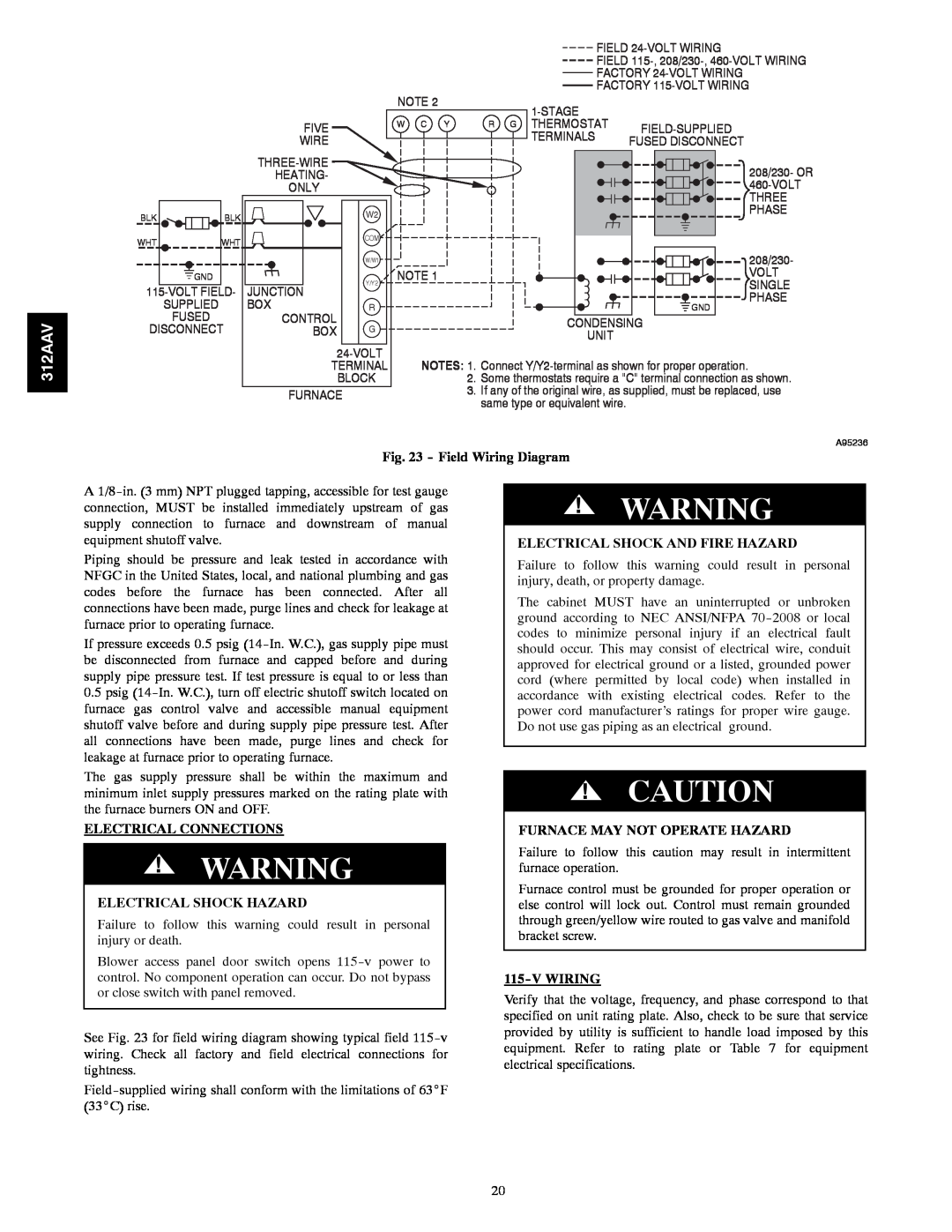Bryant 312AAV/JAV Field Wiring Diagram, Electrical Shock And Fire Hazard, Electrical Connections, Electrical Shock Hazard 