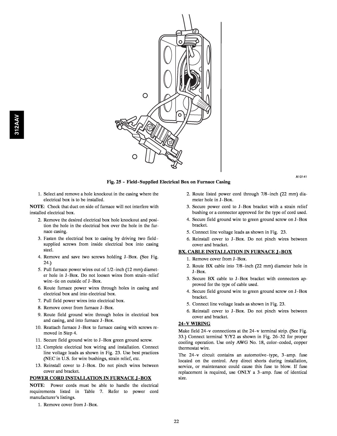 Bryant 312AAV/JAV Power Cord Installation In Furnace J-Box, Bx. Cable Installation In Furnace J-Box, Vwiring 