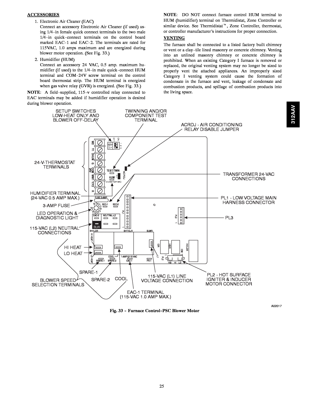 Bryant 312AAV/JAV instruction manual Accessories, Venting, Furnace Control-PSCBlower Motor 