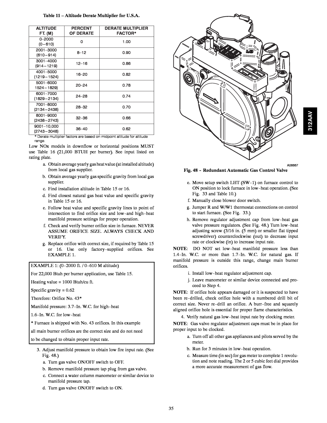 Bryant 312AAV/JAV instruction manual Altitude Derate Multiplier for U.S.A, Redundant Automatic Gas Control Valve 