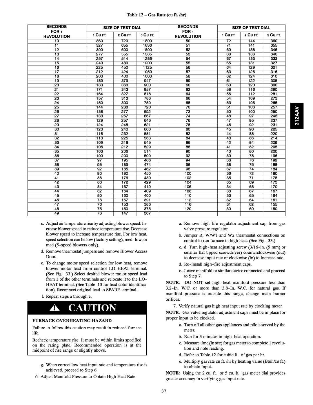 Bryant 312AAV/JAV instruction manual Gas Rate cu ft. /hr, Furnace Overheating Hazard 