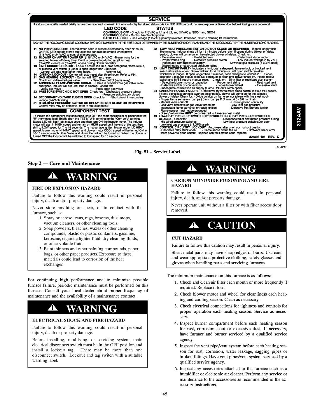 Bryant 312AAV/JAV Care and Maintenance, Service Label, Carbon Monoxide Poisoning And Fire Hazard, Fire Or Explosion Hazard 