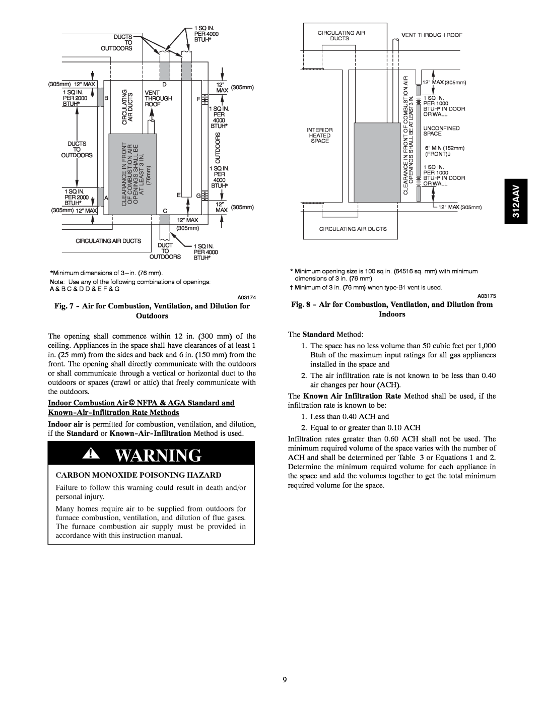 Bryant 312AAV/JAV instruction manual Outdoors, Indoors, Carbon Monoxide Poisoning Hazard 