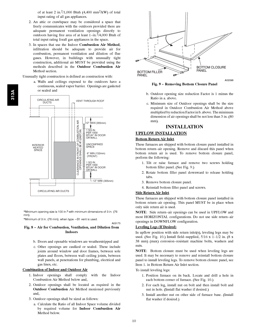 Bryant 313AAV Installation, Combination of Indoor and Outdoor Air, Bottom Return Air Inlet, Side Return Air Inlet 