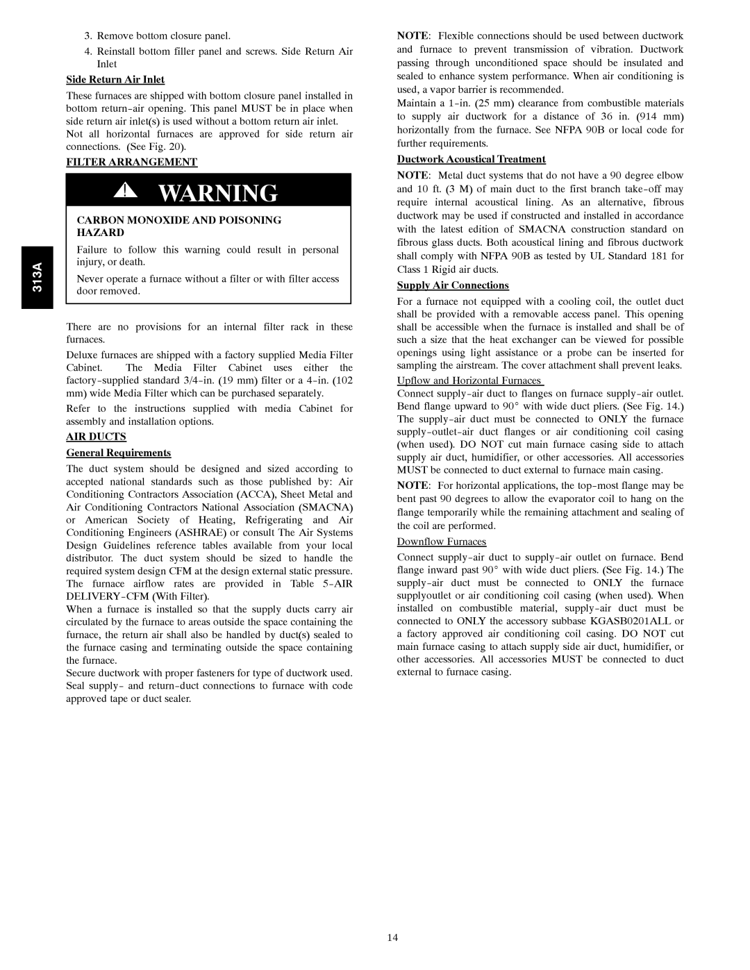 Bryant 313AAV instruction manual Filter Arrangement Carbon Monoxide and Poisoning Hazard, AIR Ducts, General Requirements 