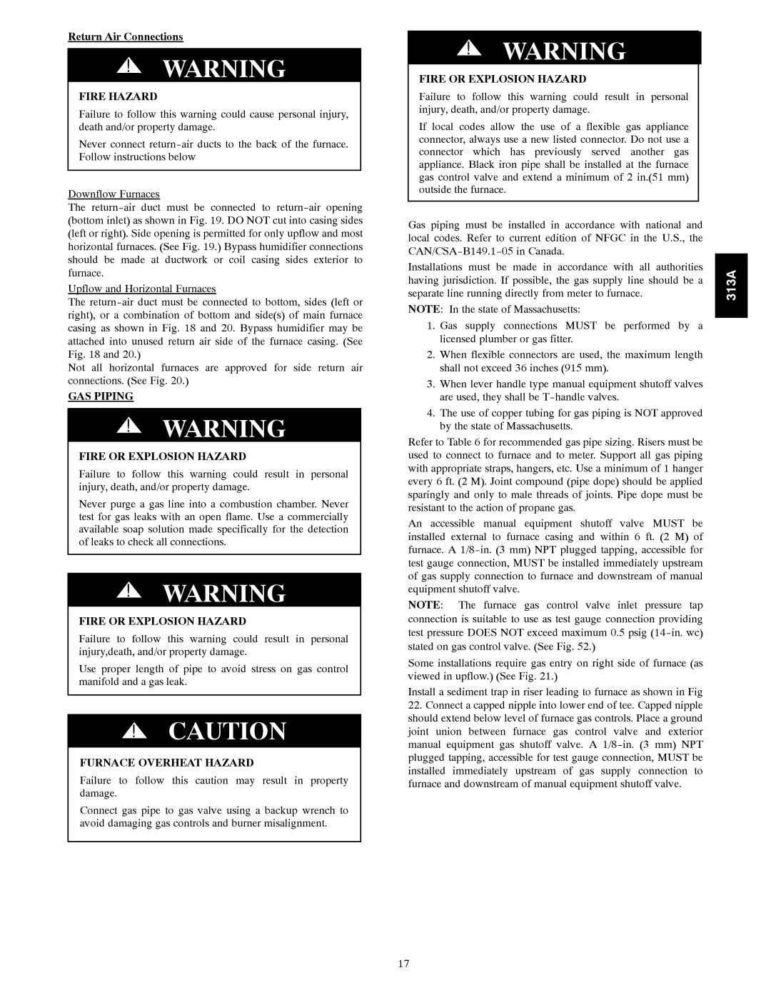 Bryant 313AAV instruction manual Return Air Connections, GAS Piping Fire or Explosion Hazard, Furnace Overheat Hazard 