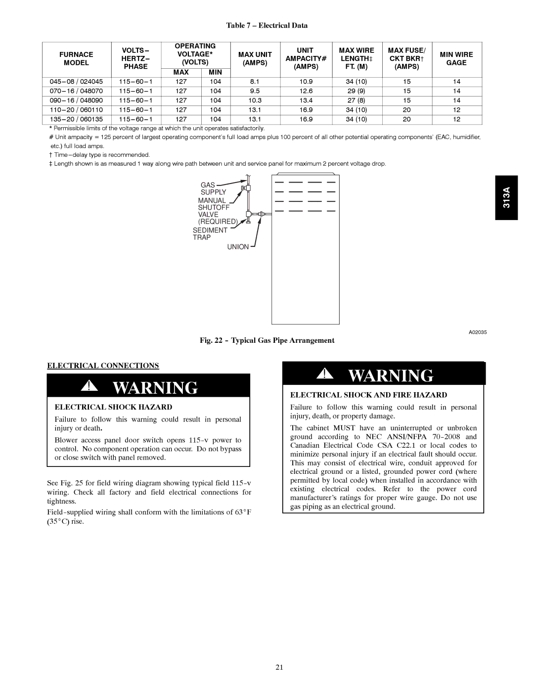 Bryant 313AAV Electrical Data, Electrical Connections Electrical Shock Hazard, Electrical Shock and Fire Hazard 