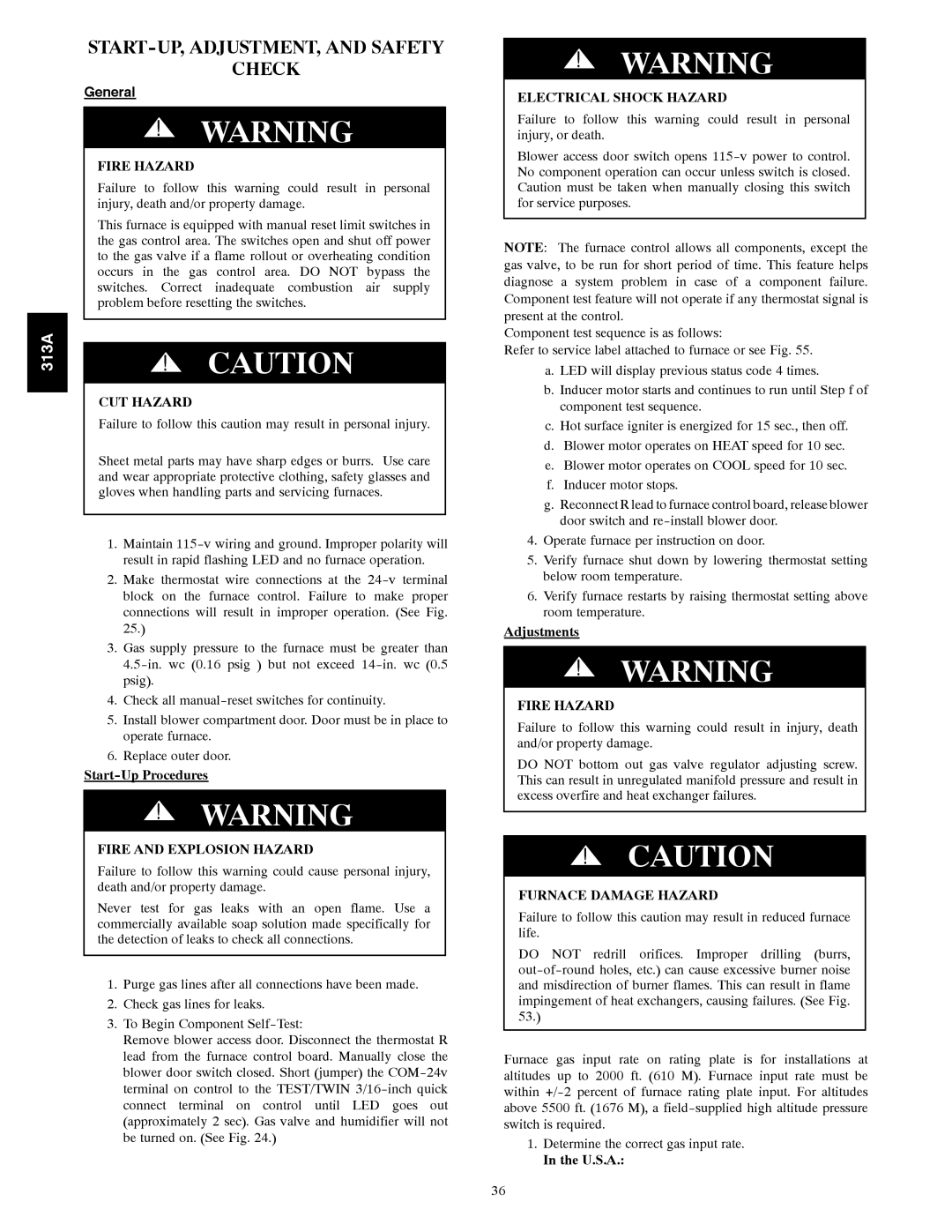 Bryant 313AAV instruction manual START-UP, ADJUSTMENT, and Safety Check, Fire and Explosion Hazard, Furnace Damage Hazard 