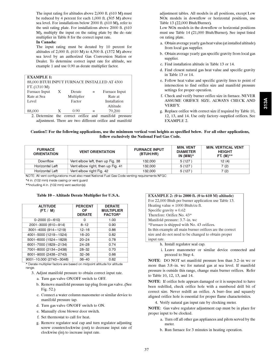 Bryant 313AAV Canada, Follow exclusively the National Fuel Gas Code, Altitude Derate Multiplier for U.S.A 