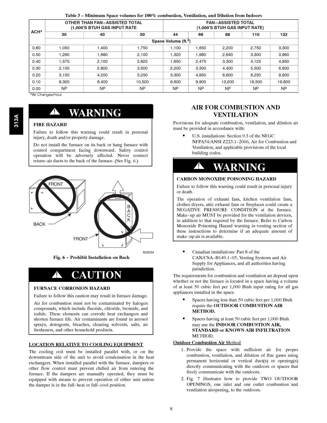 Bryant 313AAV instruction manual AIR for Combustion Ventilation, Fire Hazard, Furnace Corrosion Hazard, Method 