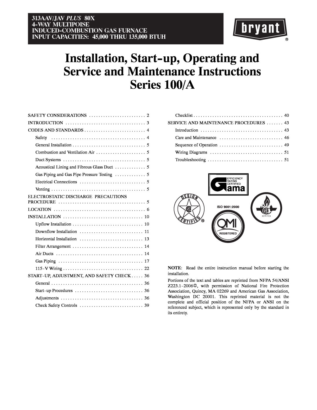 Bryant 313AAV instruction manual Installation, Start-up,Operating and, Service and Maintenance Instructions Series 100/A 