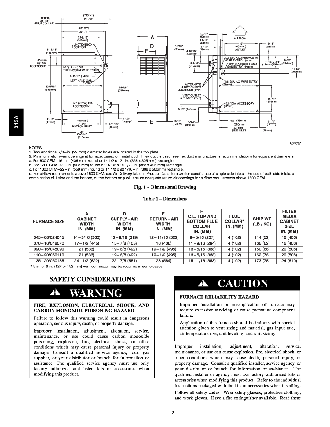 Bryant 313AAV instruction manual Safety Considerations, Dimensional Drawing - Dimensions, Furnace Reliability Hazard 