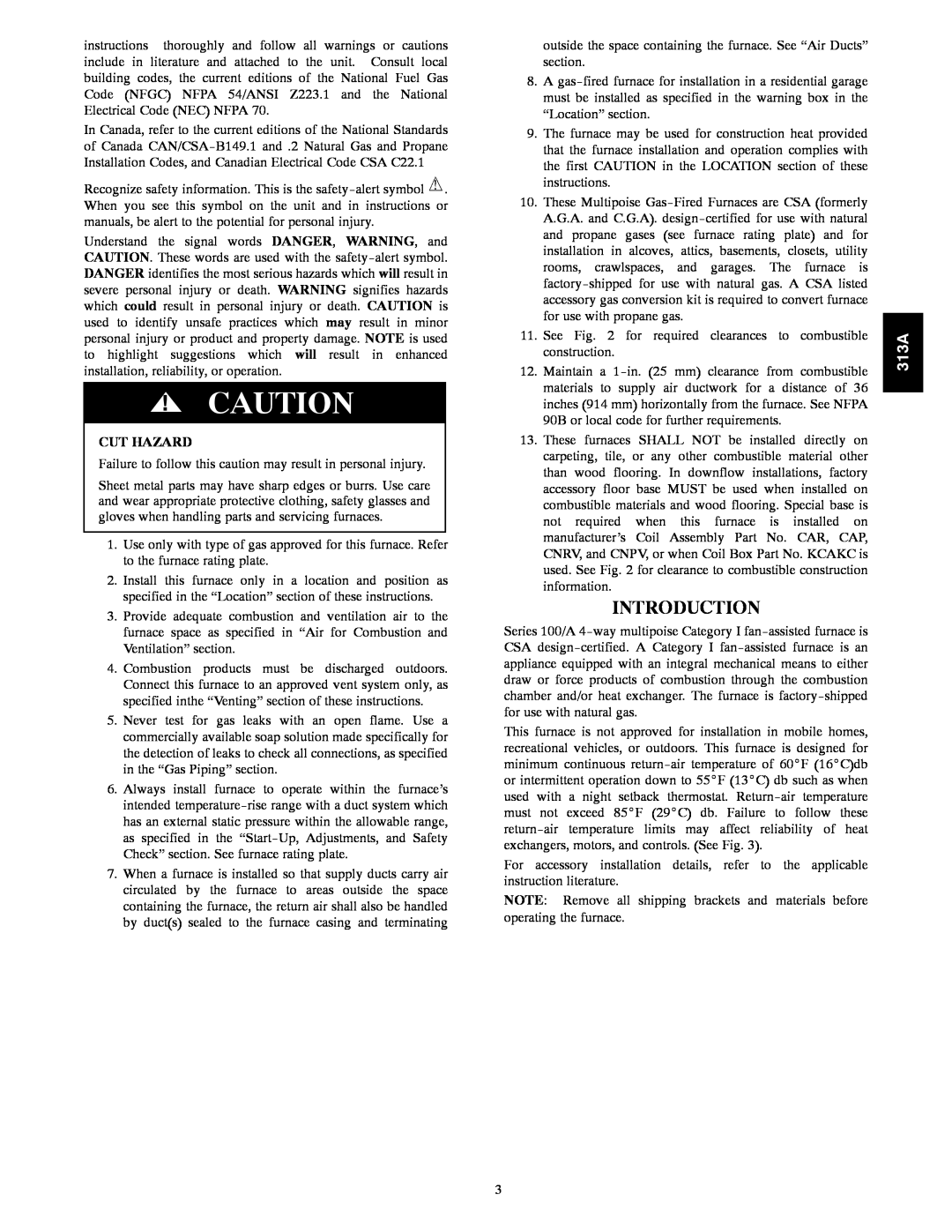 Bryant 313AAV instruction manual Introduction, Cut Hazard 