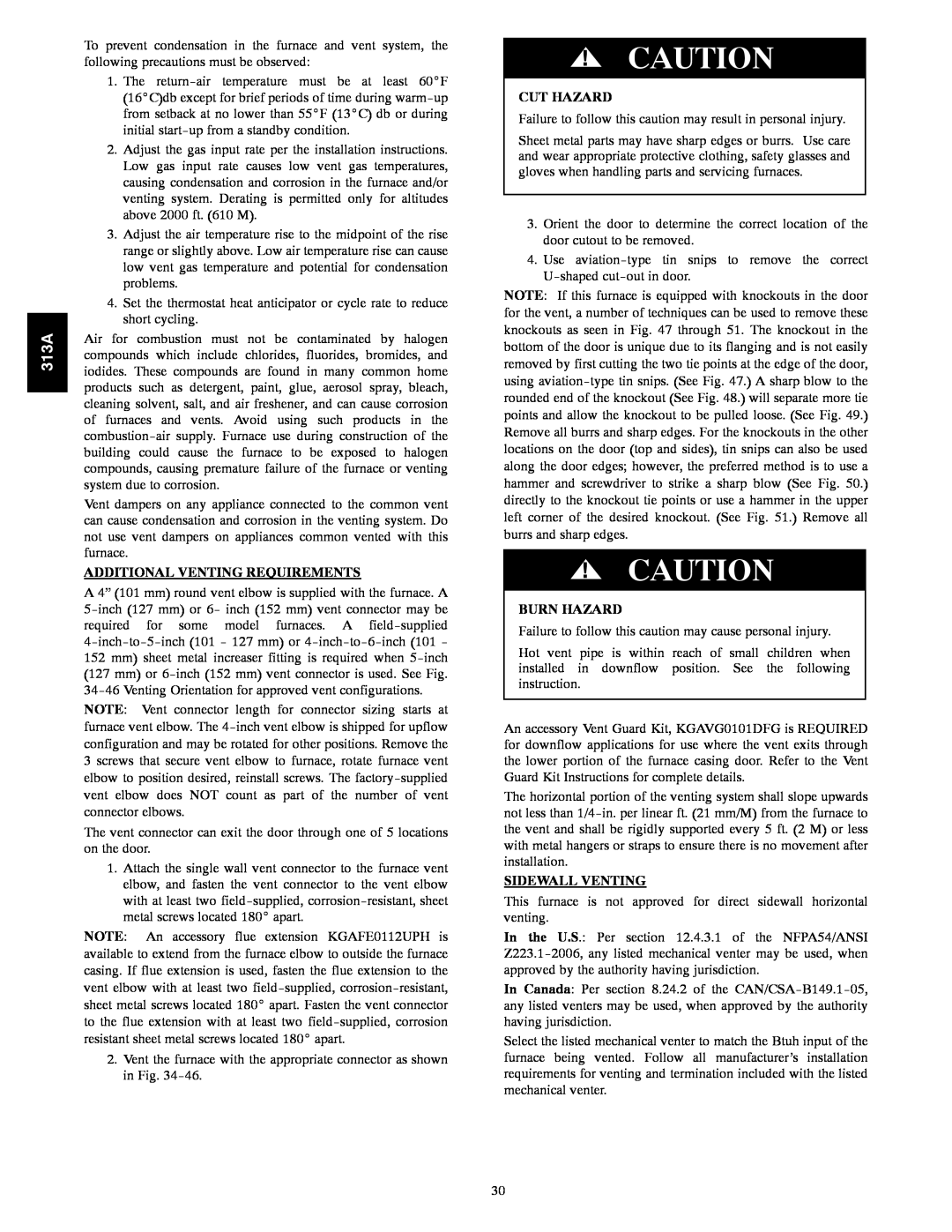 Bryant 313AAV instruction manual Additional Venting Requirements, Cut Hazard, Burn Hazard, Sidewall Venting 