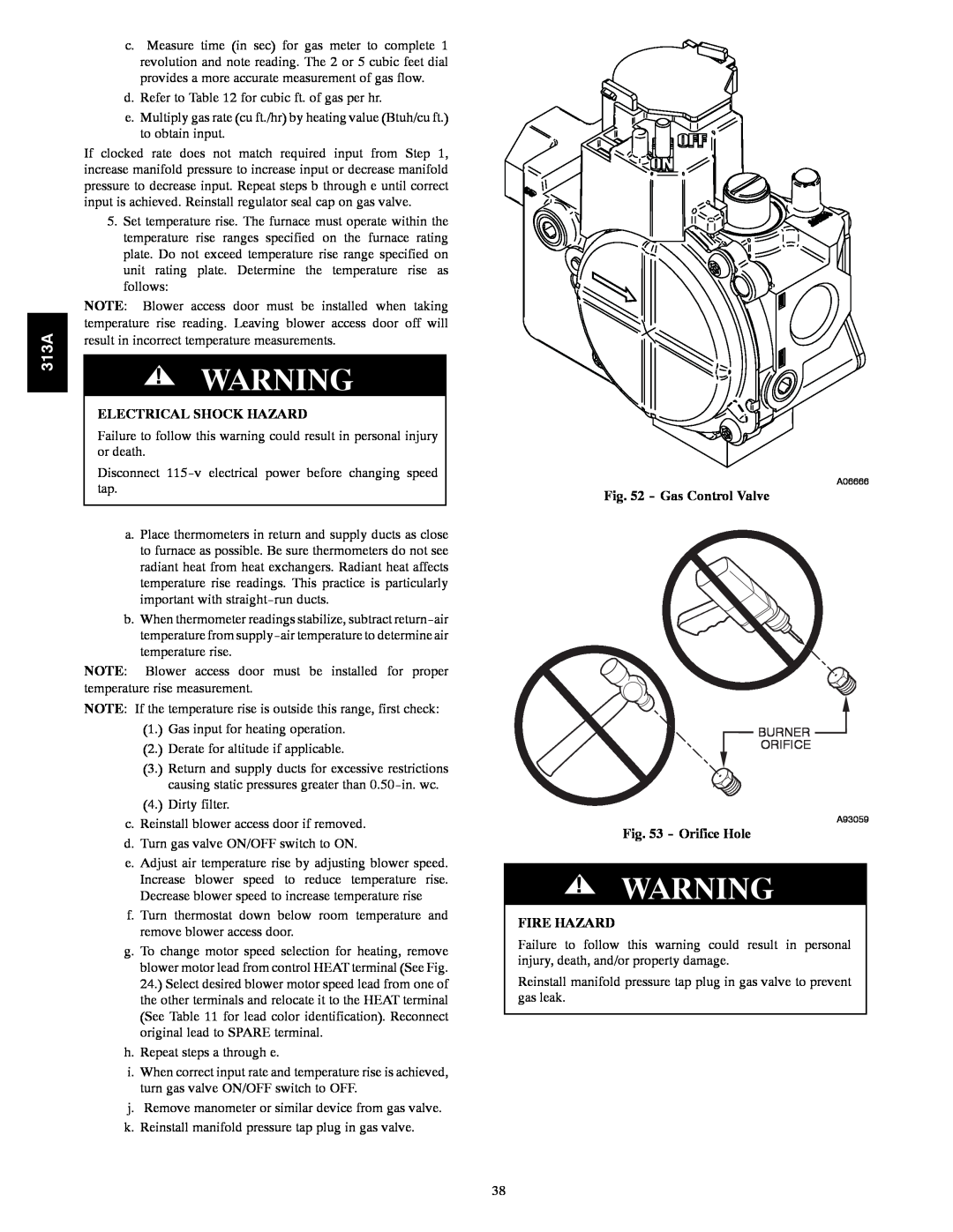 Bryant 313AAV instruction manual Electrical Shock Hazard, Gas Control Valve, Orifice Hole, Fire Hazard 