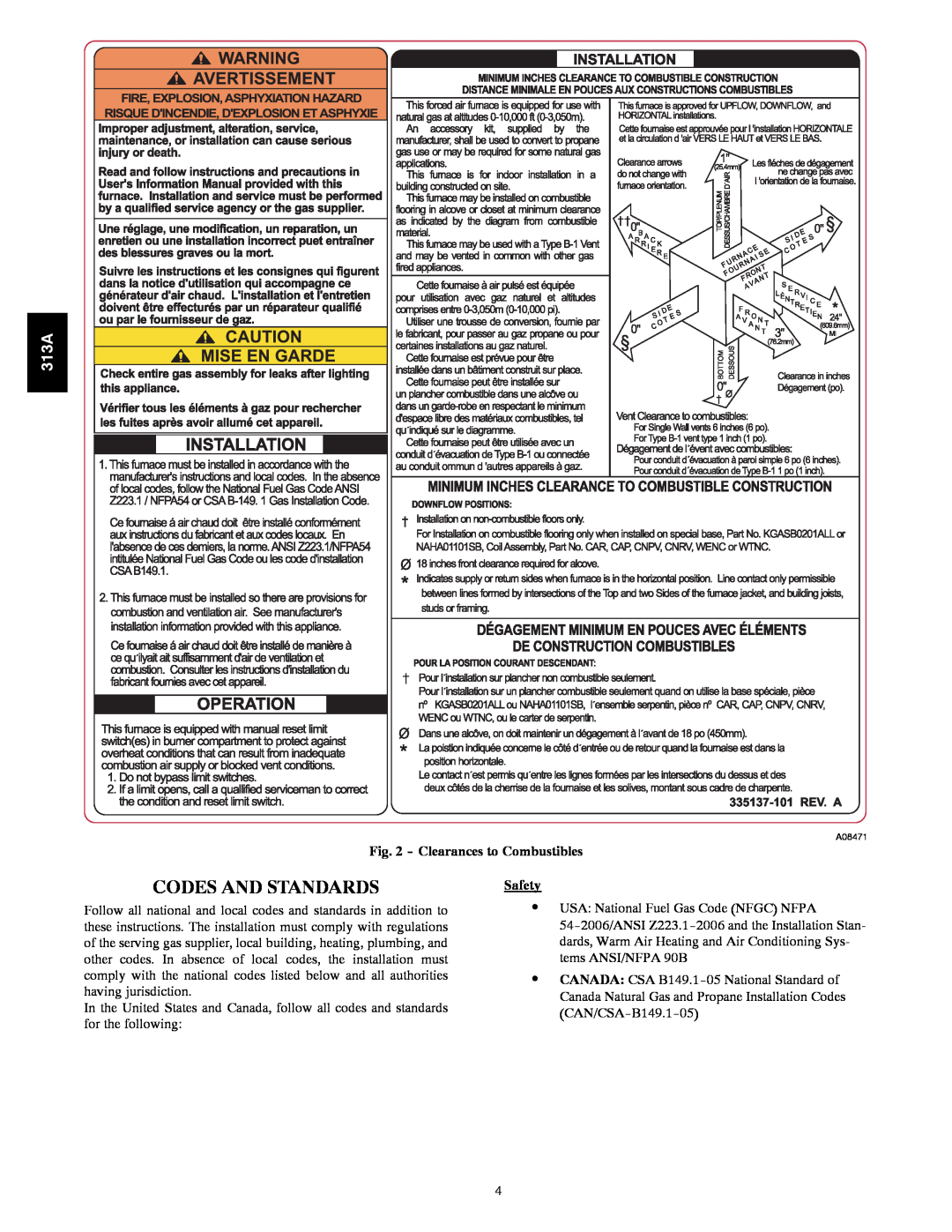 Bryant 313AAV instruction manual Codes And Standards, Clearances to Combustibles 