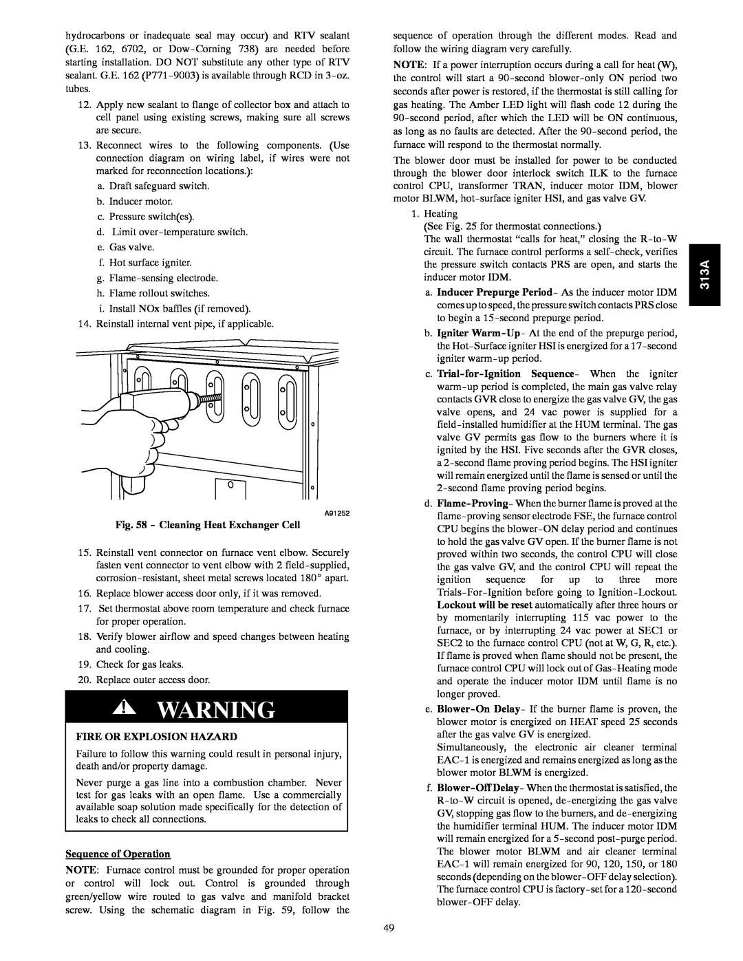 Bryant 313AAV instruction manual Cleaning Heat Exchanger Cell, Fire Or Explosion Hazard, Sequence of Operation 