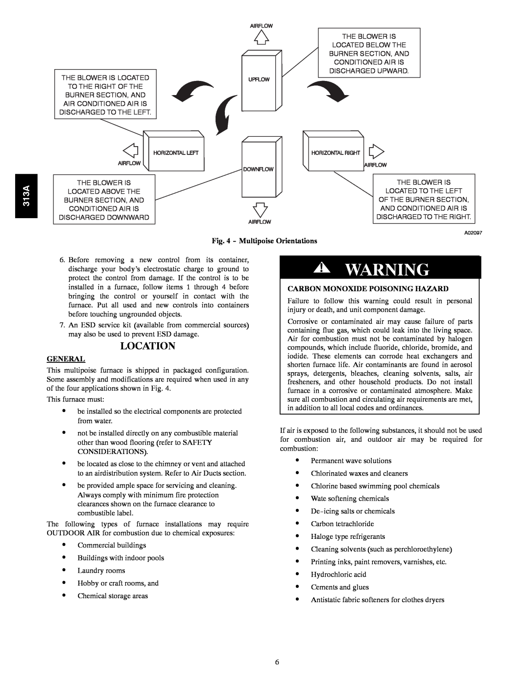 Bryant 313AAV instruction manual Location, Multipoise Orientations, General, Carbon Monoxide Poisoning Hazard 