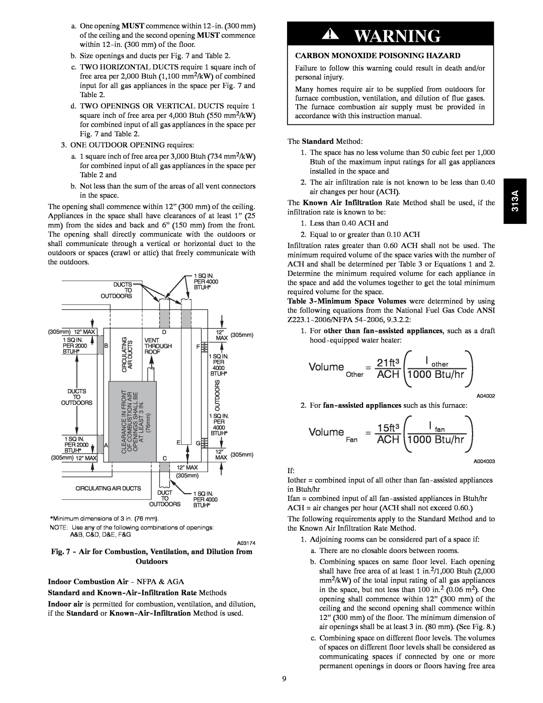 Bryant 313AAV instruction manual Volume, 21ft3, 1000 Btu/hr, 15ft3 