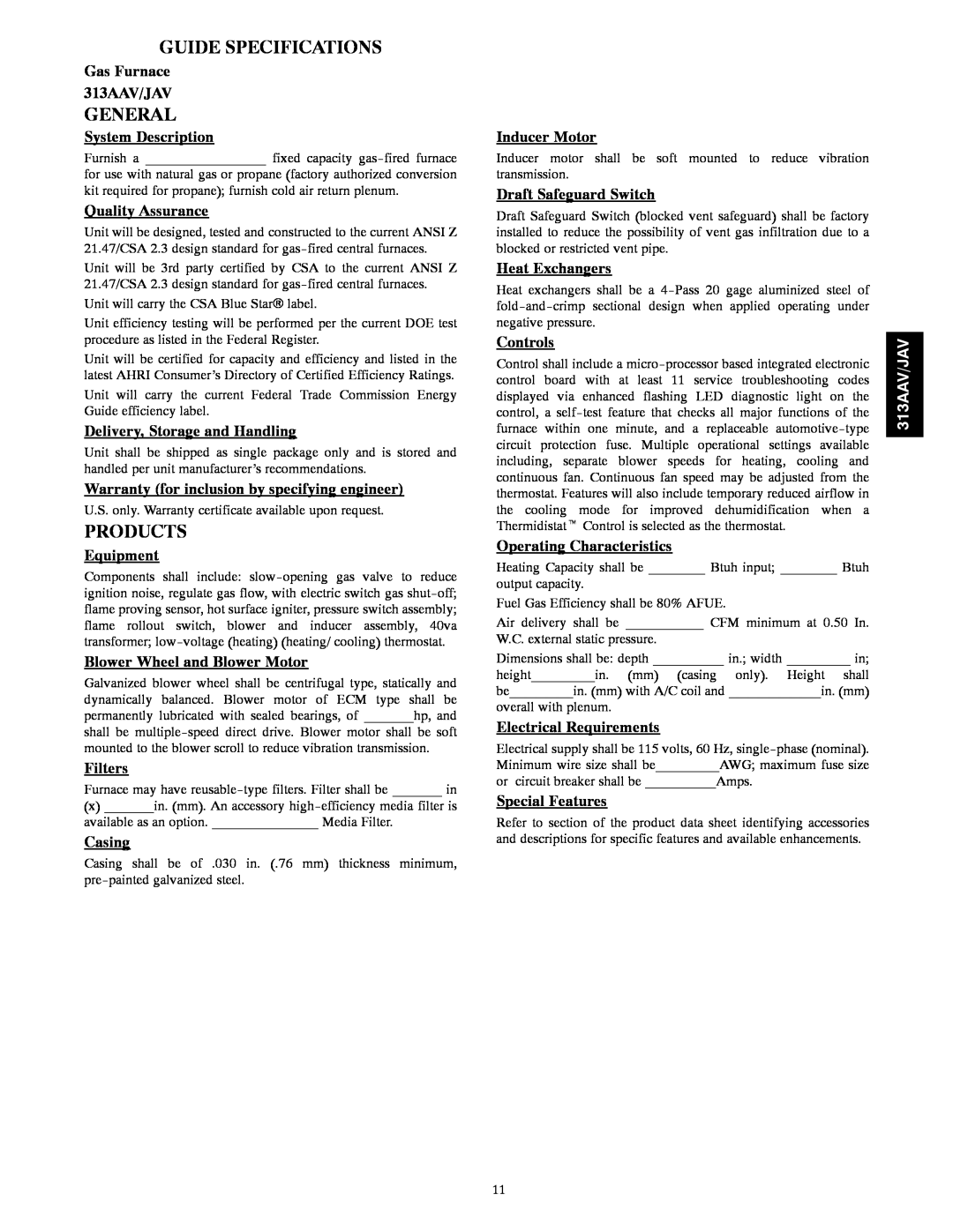Bryant manual Guide Specifications, General, Products, 313AAV/JAV 
