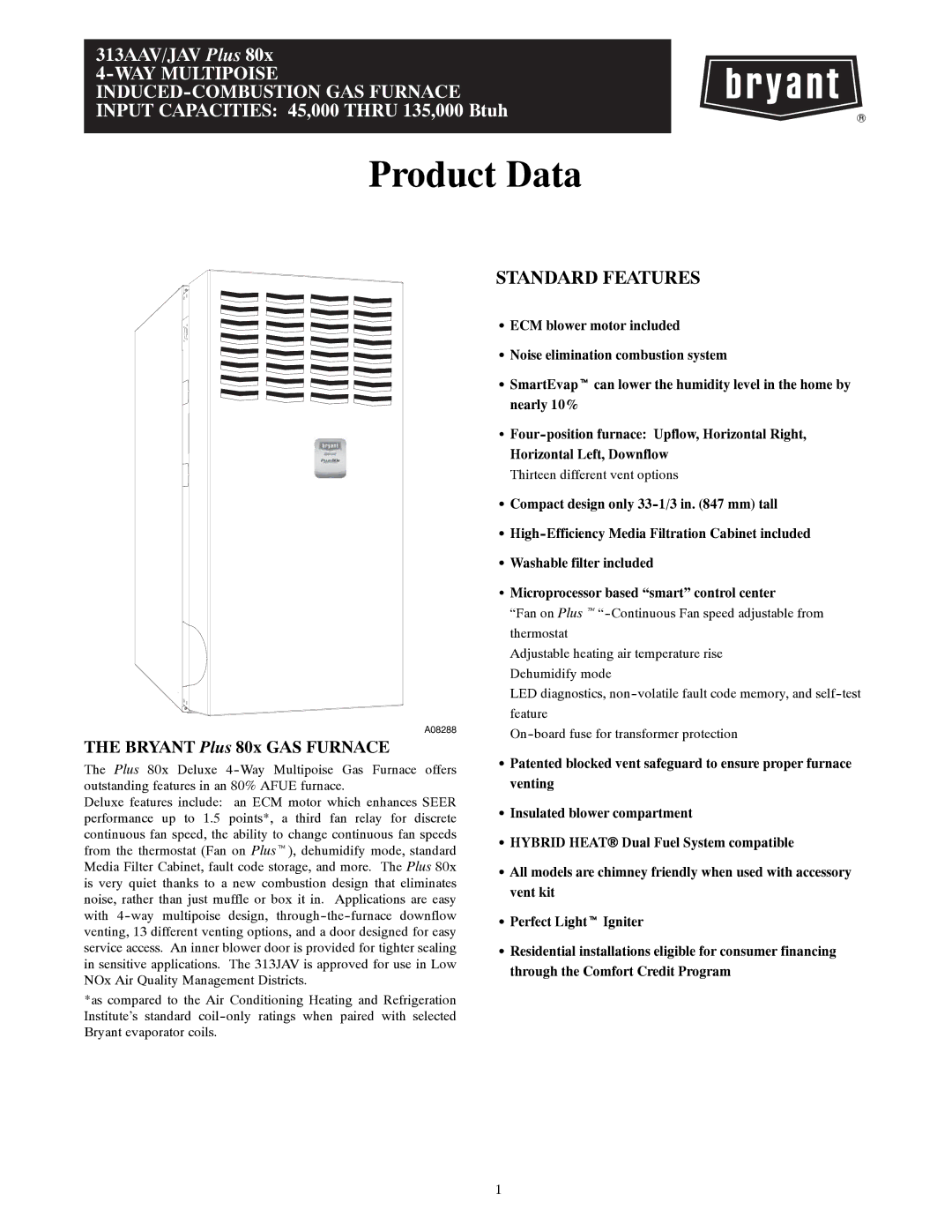 Bryant 313AAV/JAV manual Product Data, Standard Features 