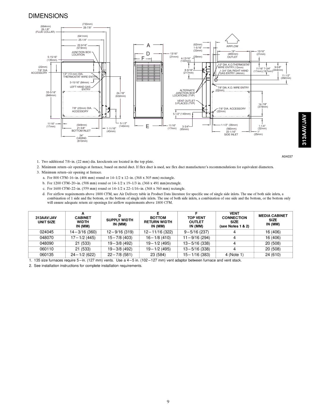 Bryant 313AAV/JAV manual Dimensions 