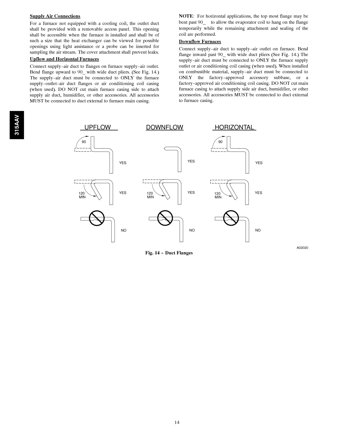 Bryant 315AAV instruction manual Supply Air Connections, Upflow and Horizontal Furnaces, Downflow Furnaces 