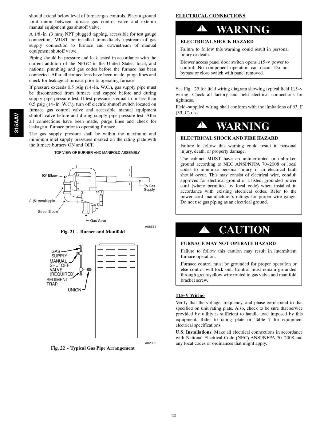 Bryant 315AAV instruction manual Electrical Connections Electrical Shock Hazard, Electrical Shock and Fire Hazard, Wiring 