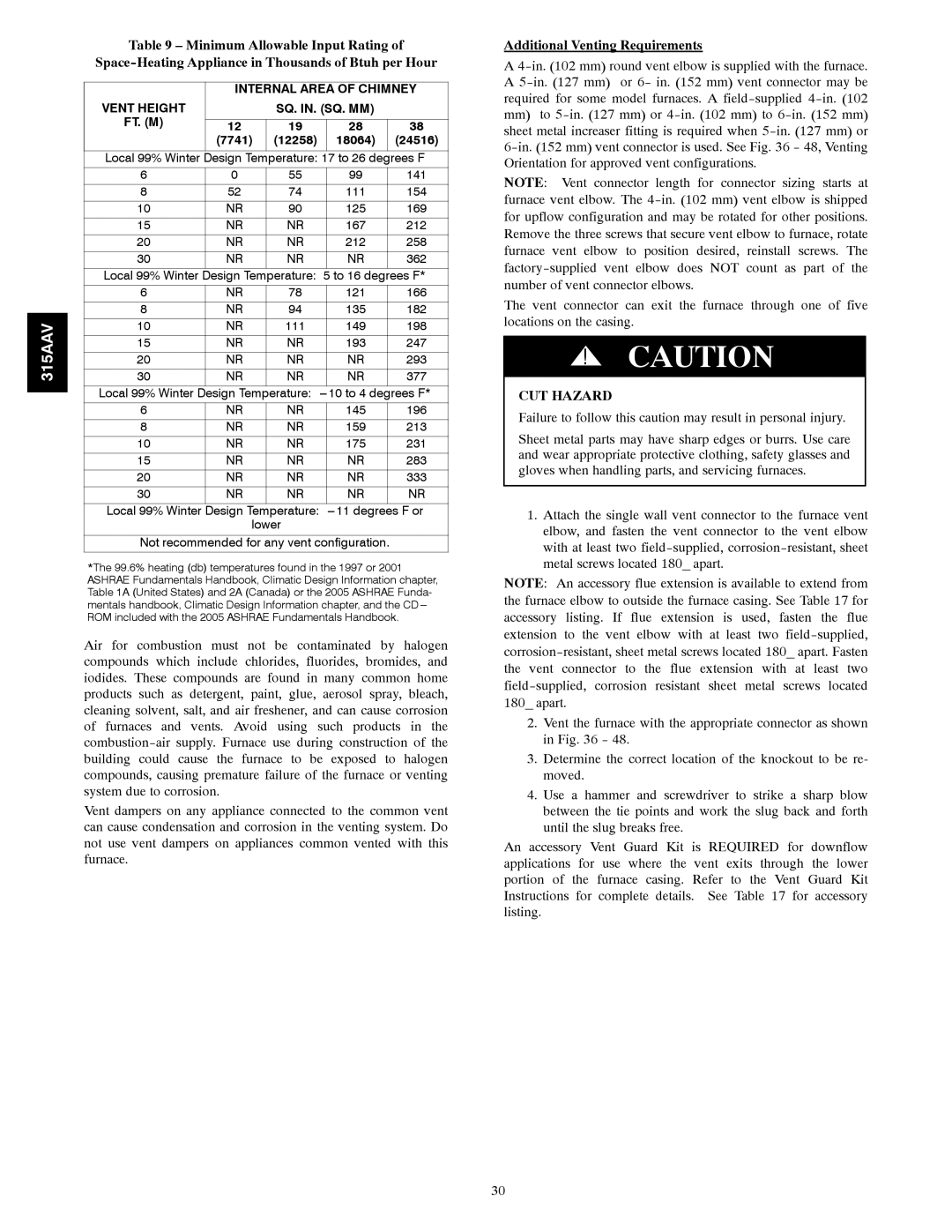 Bryant 315AAV instruction manual Additional Venting Requirements, Vent Height 