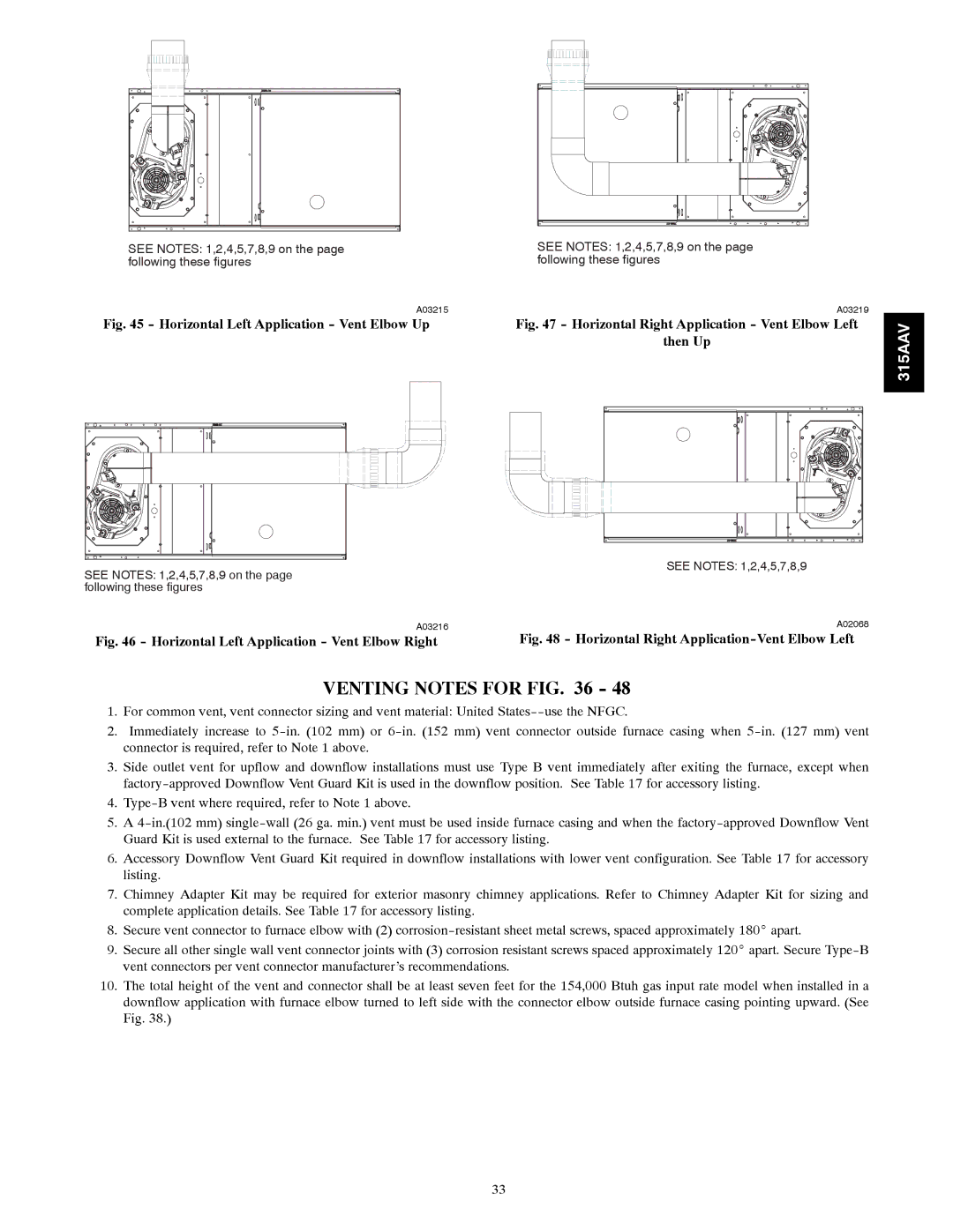 Bryant 315AAV instruction manual Venting Notes for, Horizontal Left Application Vent Elbow Up 