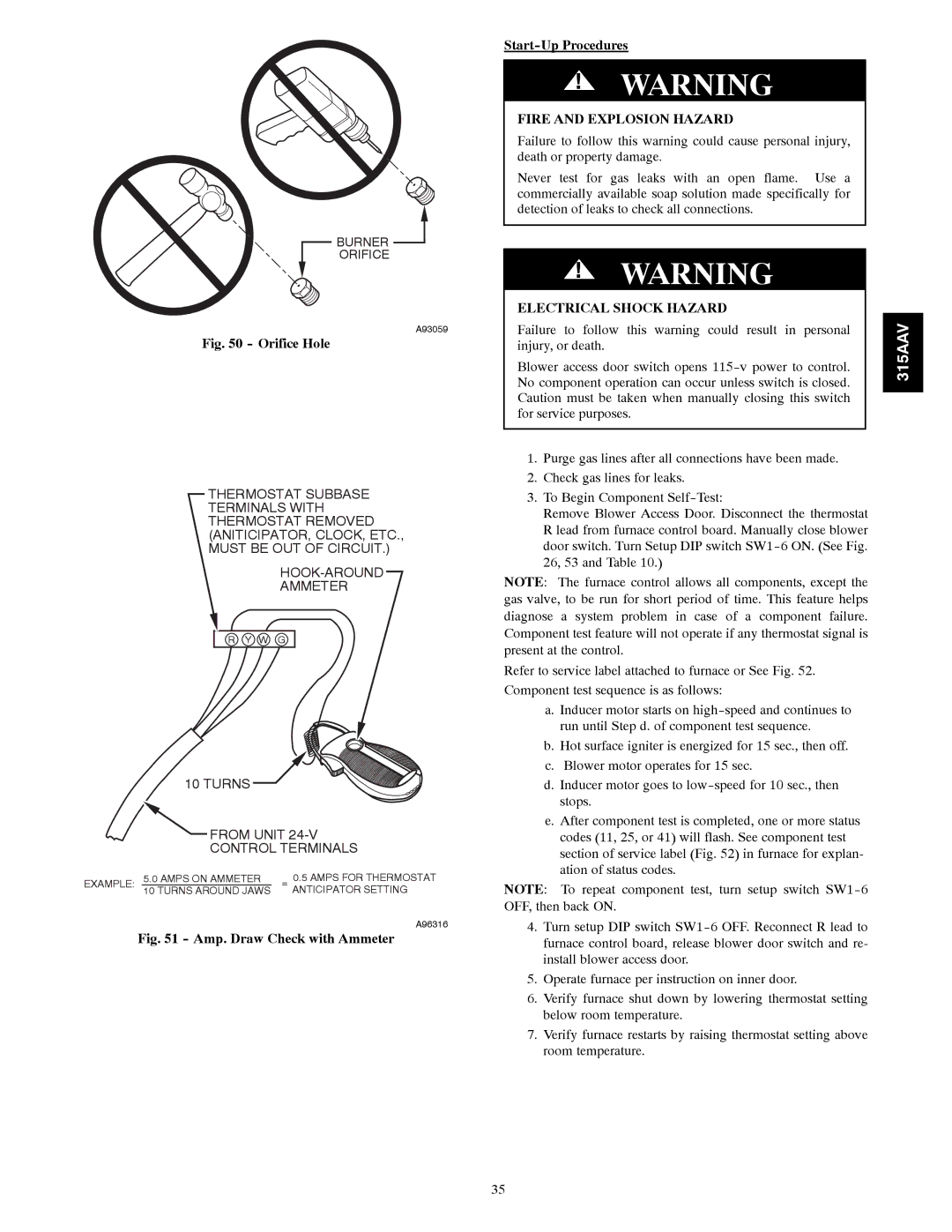 Bryant 315AAV instruction manual Orifice Hole, Fire and Explosion Hazard 