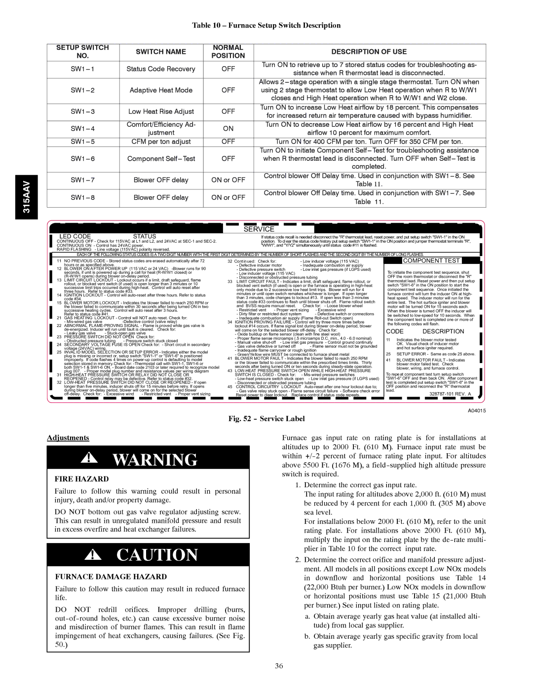 Bryant 315AAV Furnace Setup Switch Description, Setup Switch Switch Name Normal Description of USE Position 