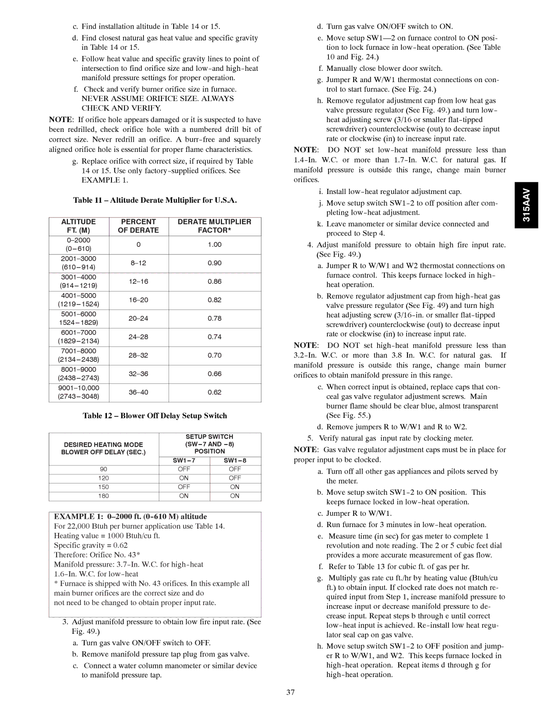 Bryant 315AAV instruction manual Altitude Derate Multiplier for U.S.A, Altitude Percent Derate Multiplier, Derate Factor 