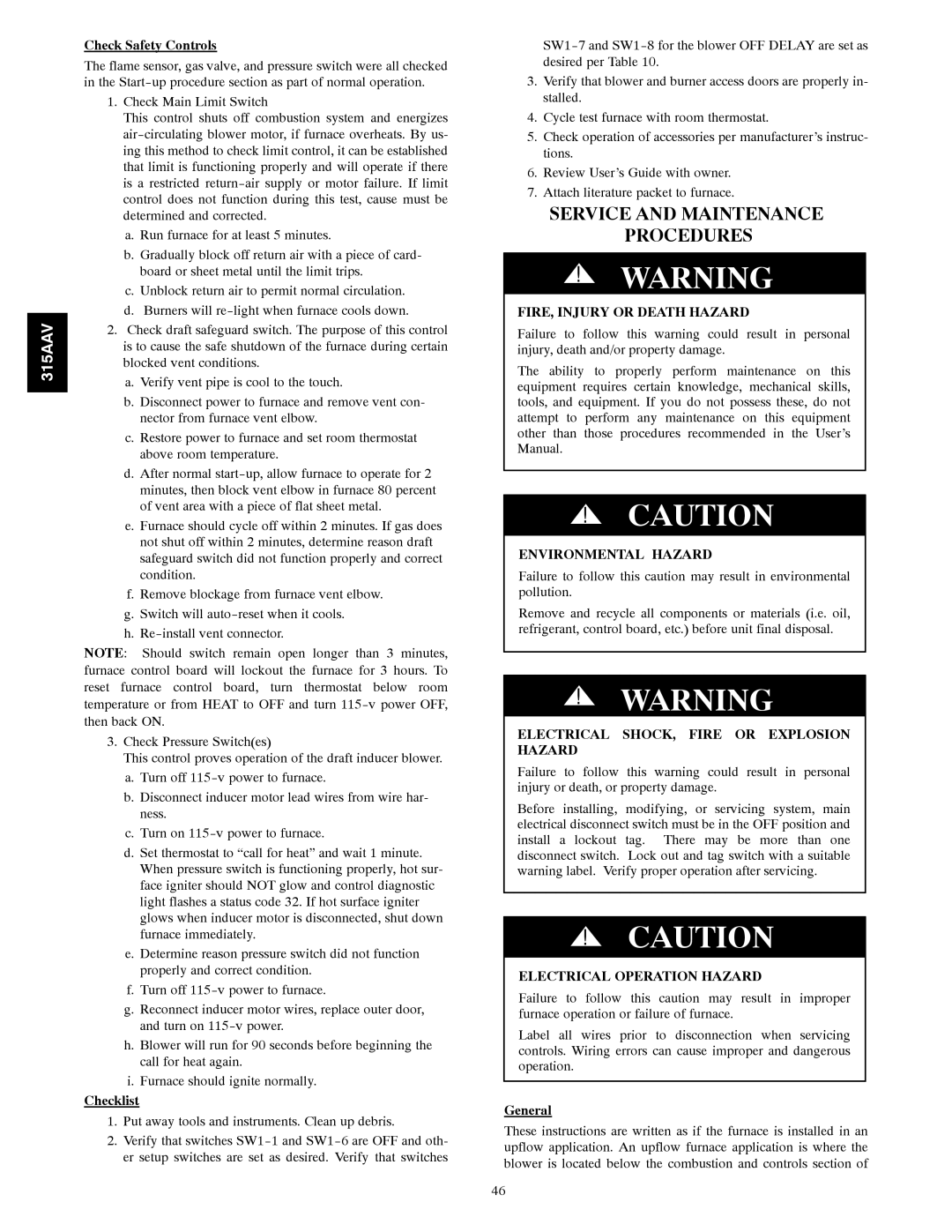 Bryant 315AAV Service and Maintenance Procedures, Environmental Hazard, Electrical SHOCK, Fire or Explosion Hazard 