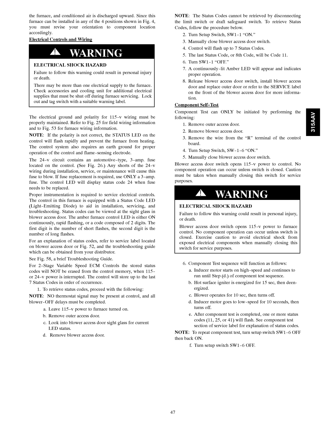 Bryant 315AAV instruction manual Electrical Controls and Wiring, Component Self-Test 