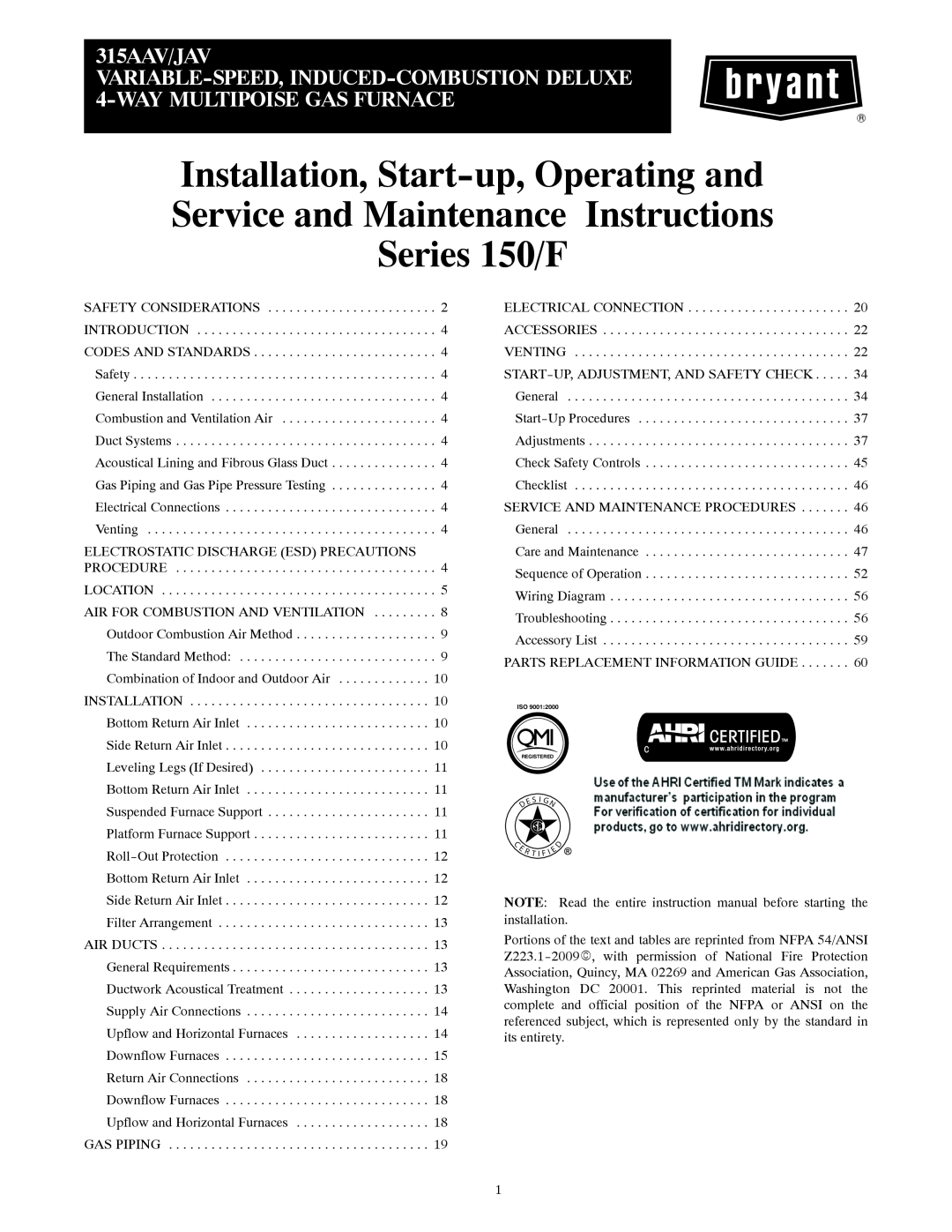 Bryant 315AAV instruction manual Installation, Start-up,Operating and, Service and Maintenance Instructions Series 150/F 