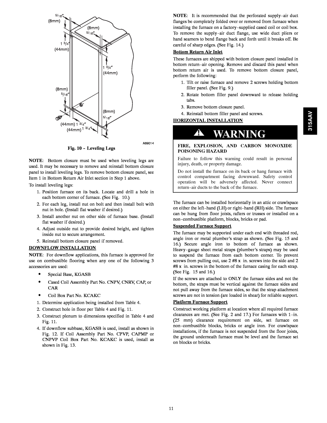 Bryant 315AAV instruction manual Leveling Legs, Downflow Installation, Bottom Return Air Inlet, Horizontal Installation 